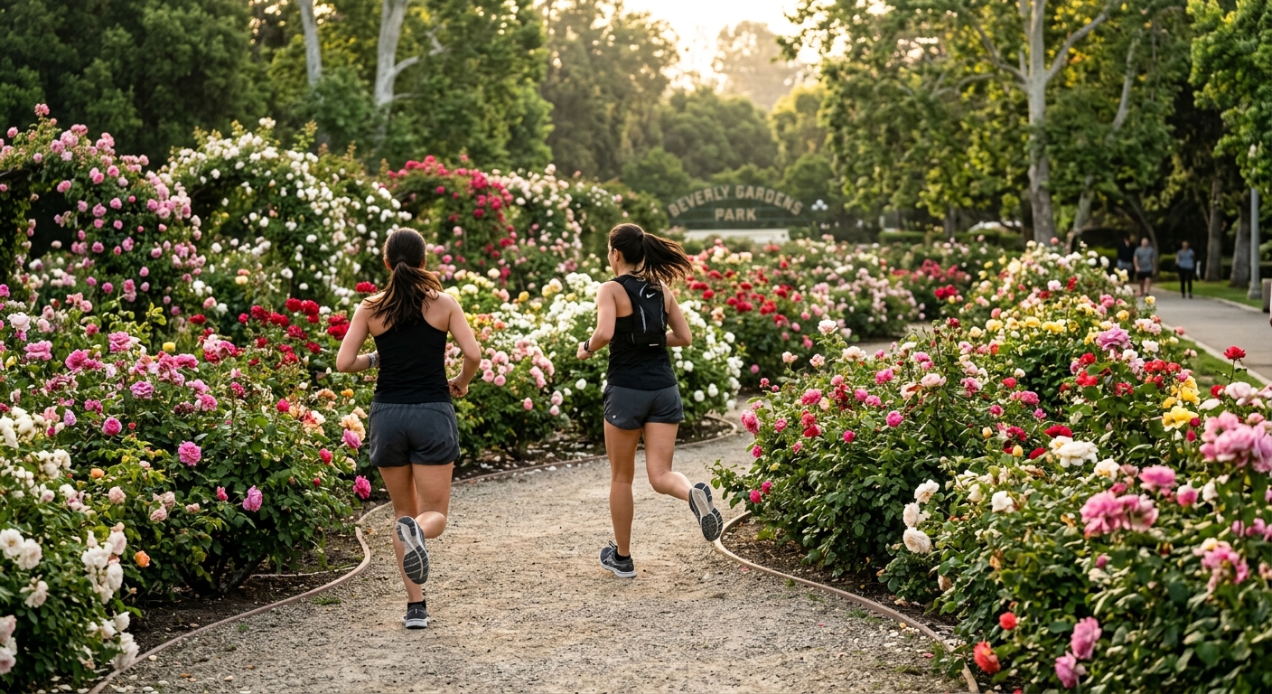 Manicured gardens and walkways in Beverly Hills