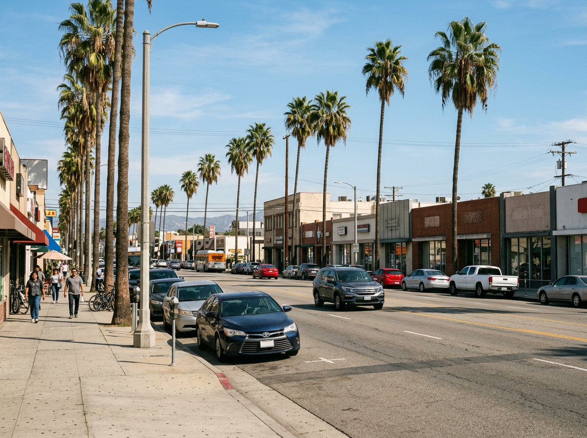 Reseda Boulevard with palm trees and local shops