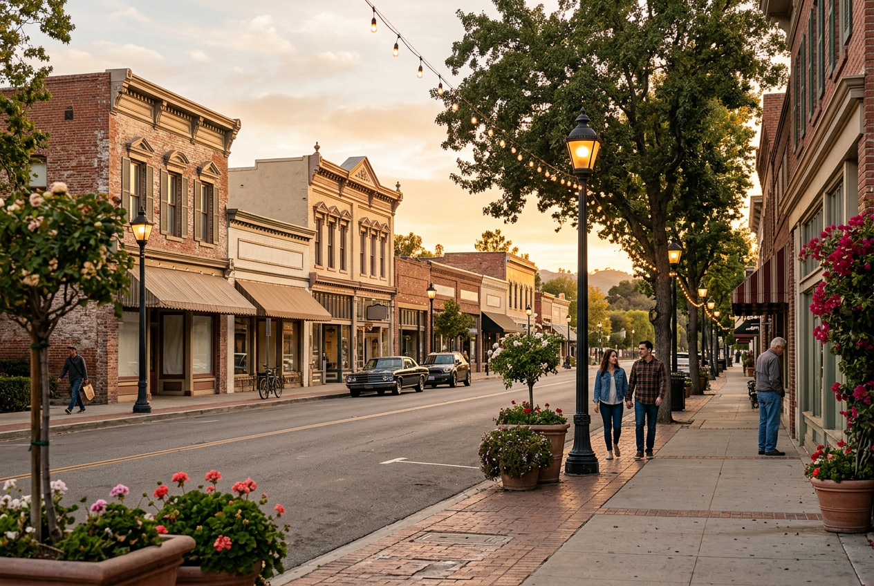 Old Town Newhall historic main street with shops and string lights