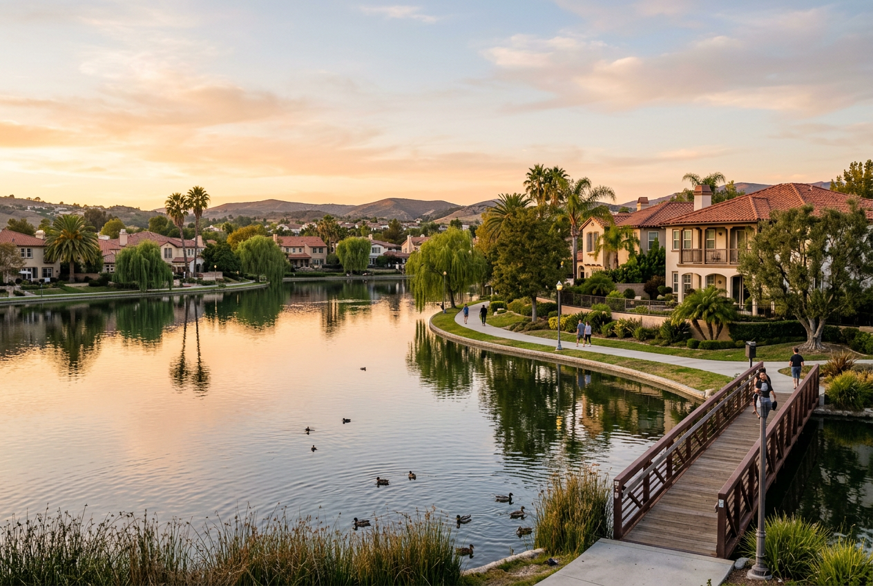 Bridgeport Lake with walking paseos and waterfront homes in Valencia