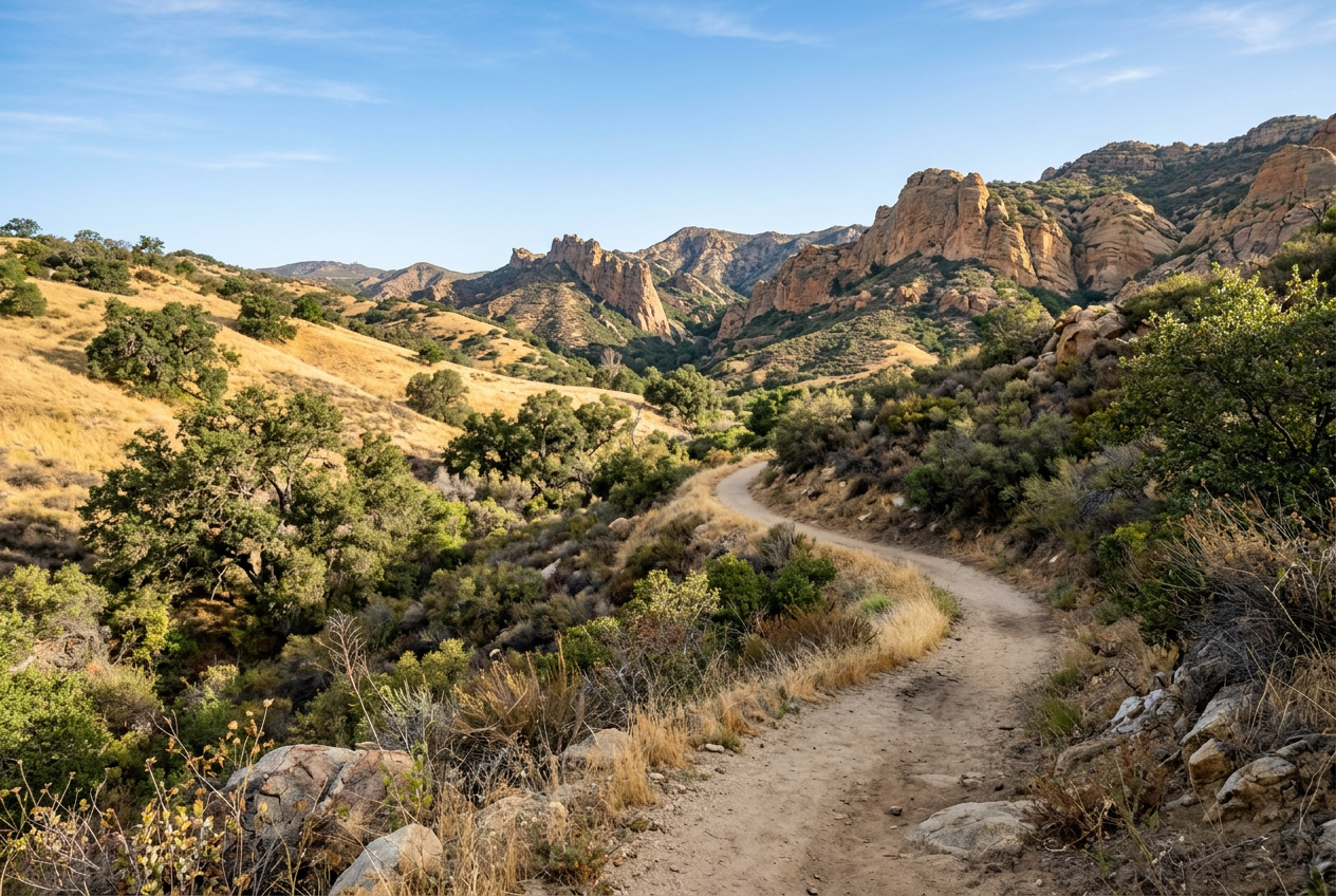 Hiking trail through golden foothills near Towsley Canyon in Santa Clarita