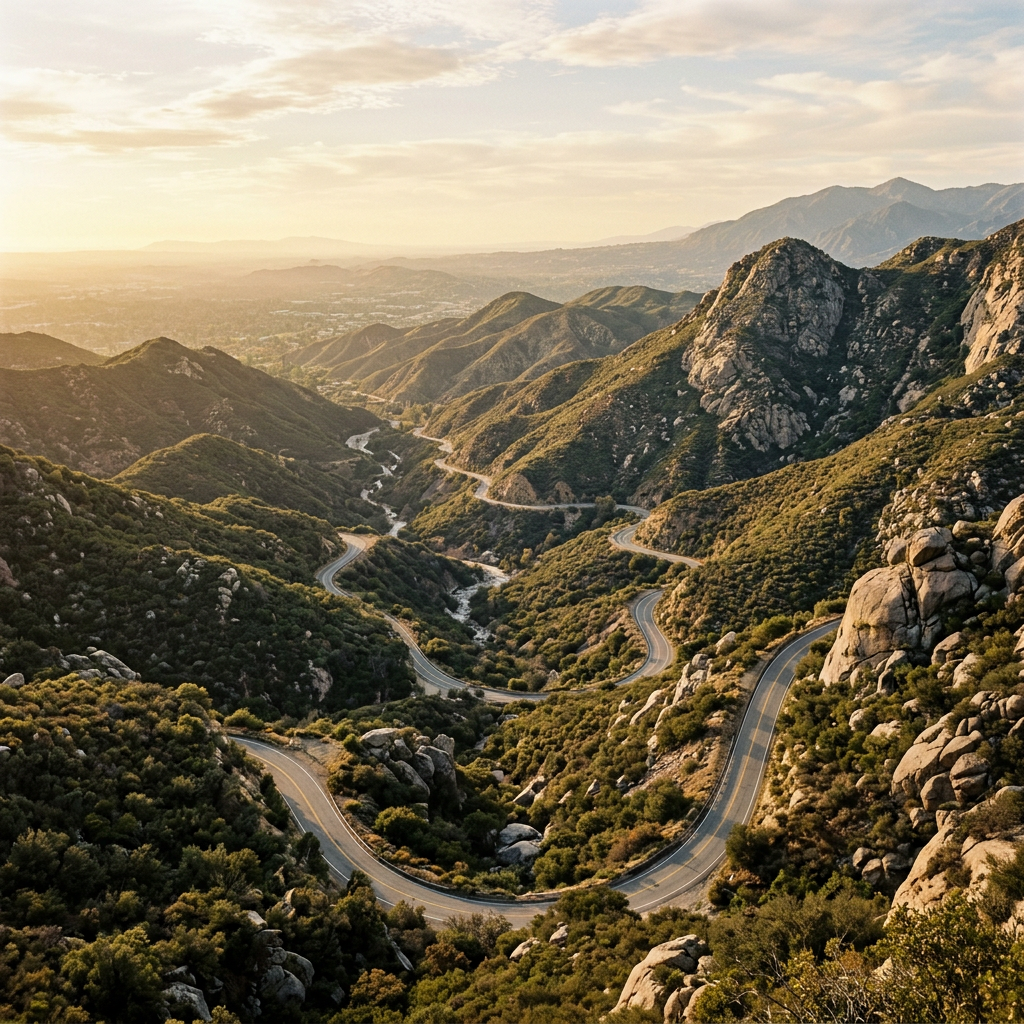 Big Tujunga Canyon overlook with rugged hills and oak trees in Sunland