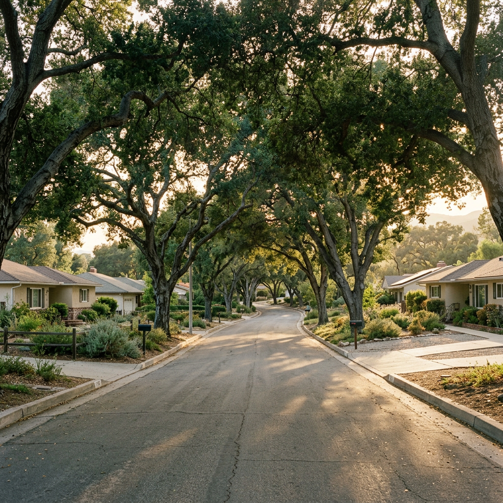 Tree-lined residential street with mature oaks in Sunland California
