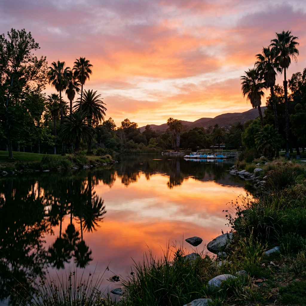 Veterans Memorial Park lake reflecting sunset in Sylmar