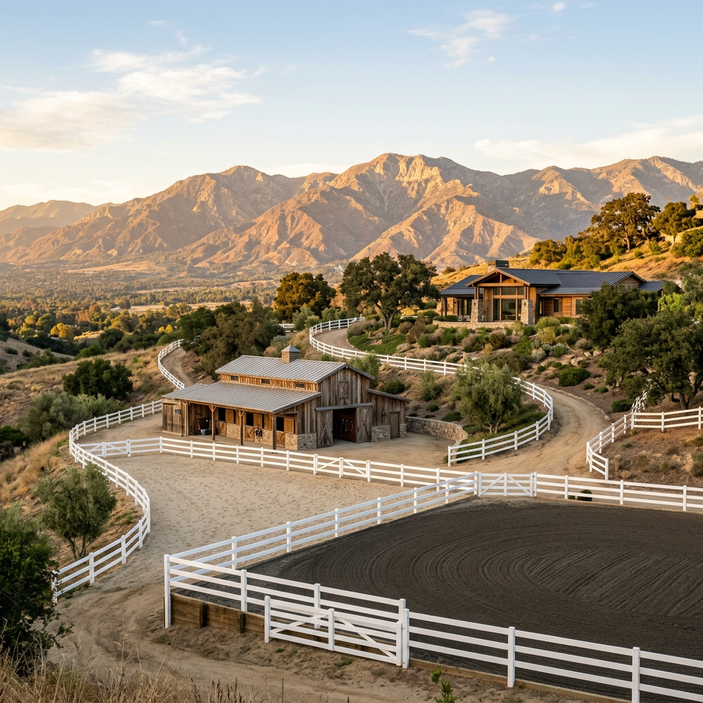Hillside equestrian estate with white fencing and horse paddock in Sylmar