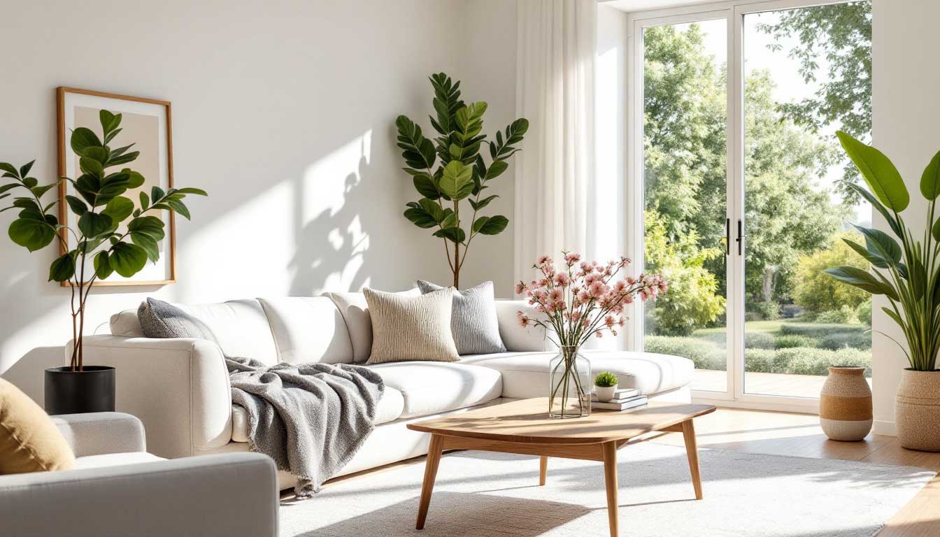 Bright, well-staged living room with plants and natural light